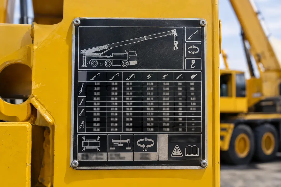 Placa de certificação de segurança em guindaste