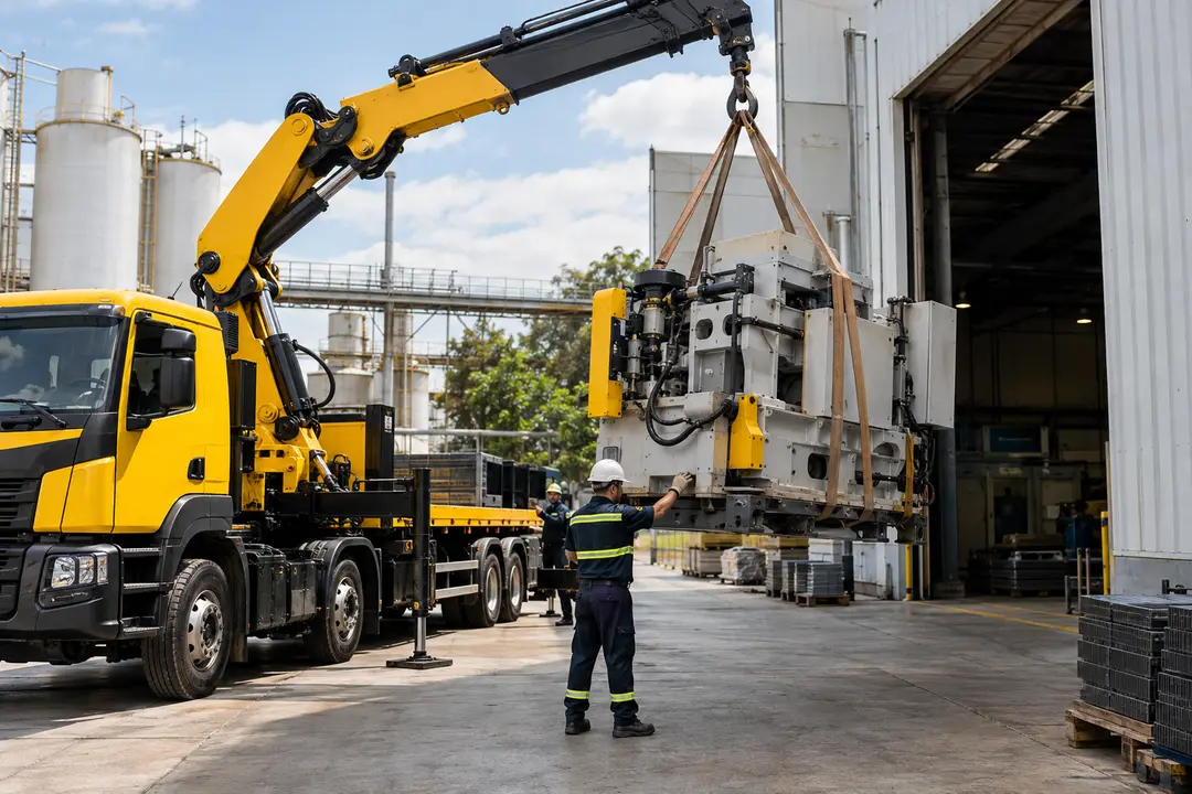 Munck descarregando máquina industrial com amarração técnica