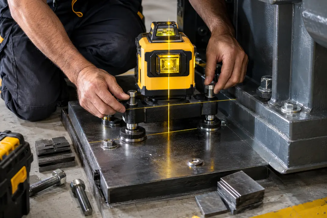 Nivelamento preciso de máquina industrial com equipamento a laser