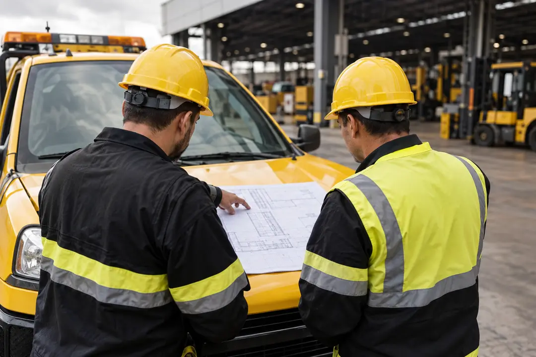 Profissionais analisando planta para mudança de layout industrial
