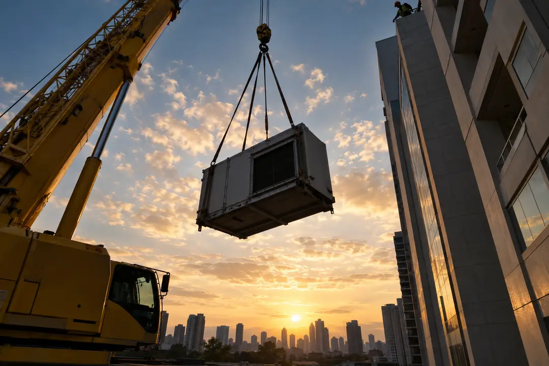 Equipamento sendo içado verticalmente para andar superior