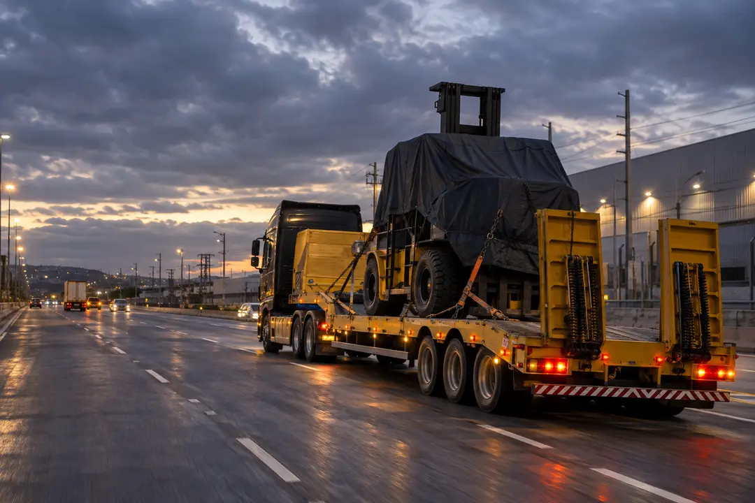 Carreta transportando empilhadeira em rodovia