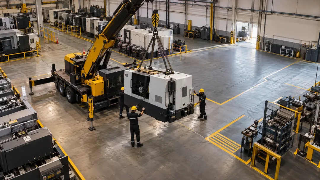Equipamento sendo reposicionado em planta industrial